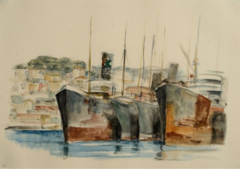 Remolcador en el puerto, pintura al óleo de Gottfried Graf