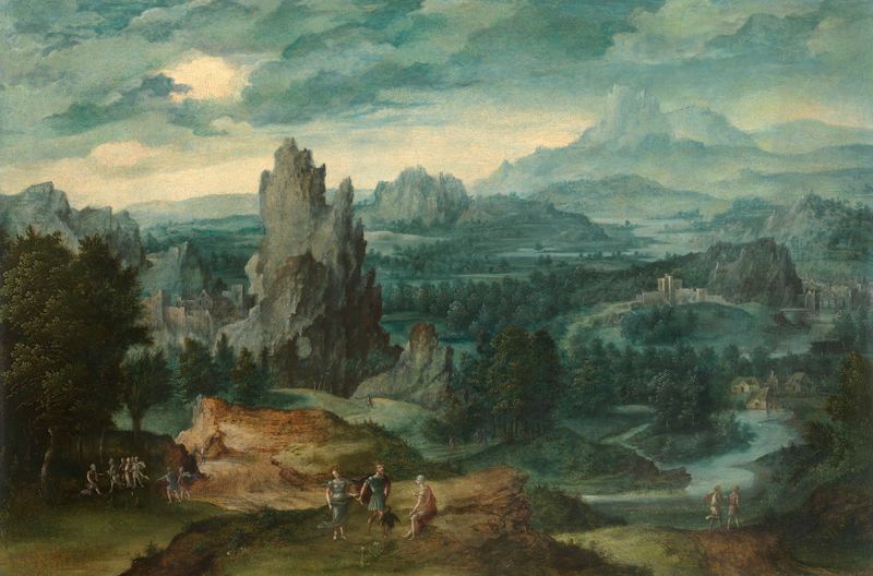 Obra de simbolismo de Procne y Filomela en un paisaje vibrante por artista desconocido