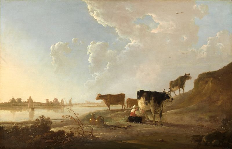 Flusslandschaft mit melkender Frau, pintura al óleo de Aelbert Cuyp, que muestra a una mujer ordeñando una vaca.