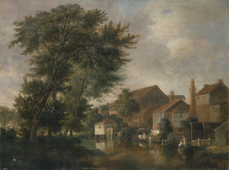 The River Wensum, Norwich by John Crome, oil painting of a tranquil river landscape with trees.