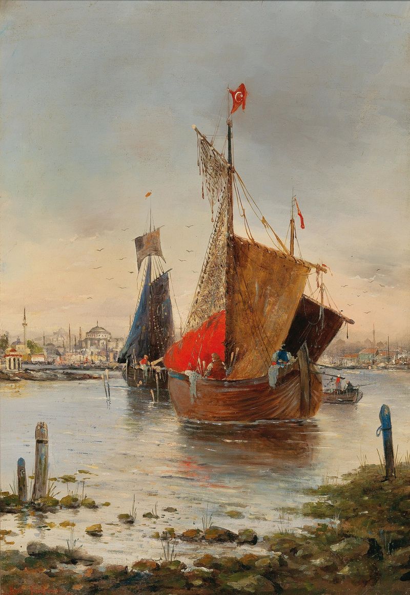 Paisaje de Constantinopla con minaretes y tejados de Karl Kaufmann, pintura al óleo