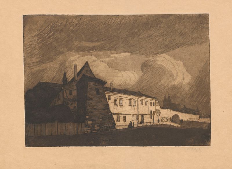 Baszta Augustianów w Krakowie de Władysław Skoczylas, pintura a óleo que mostra uma torre histórica contra um céu azul.