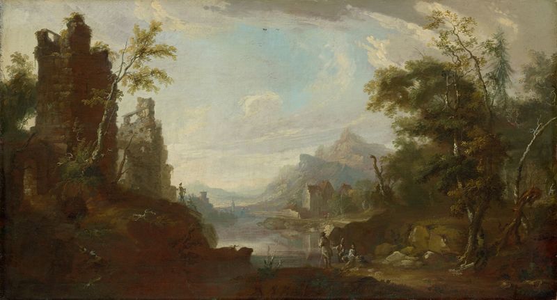 Ruin of a castle near a lake with fishermen, oil painting by Caspar Wolf