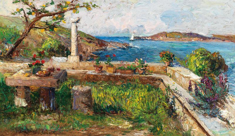 Marine scene with waves and shore, oil on canvas by Leontine von Littrow