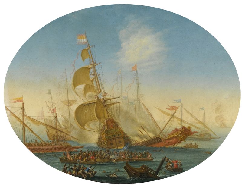 Cena de batalha naval com navios e soldados, óleo sobre tela de Orazio Grevenbroeck