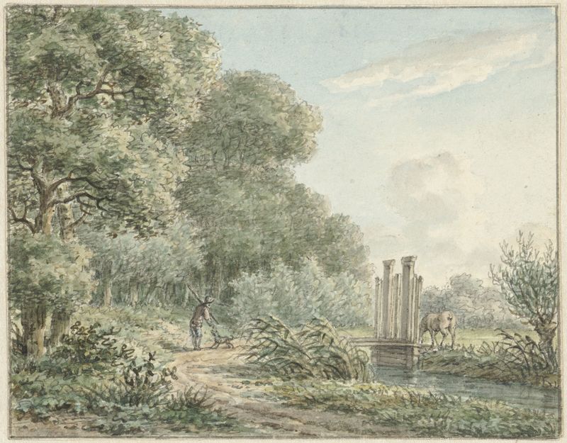 Wandelaar op de Amstelveense Weg de Jan Evert Grave, óleo sobre tela que retrata uma figura solitária em um caminho arbori...