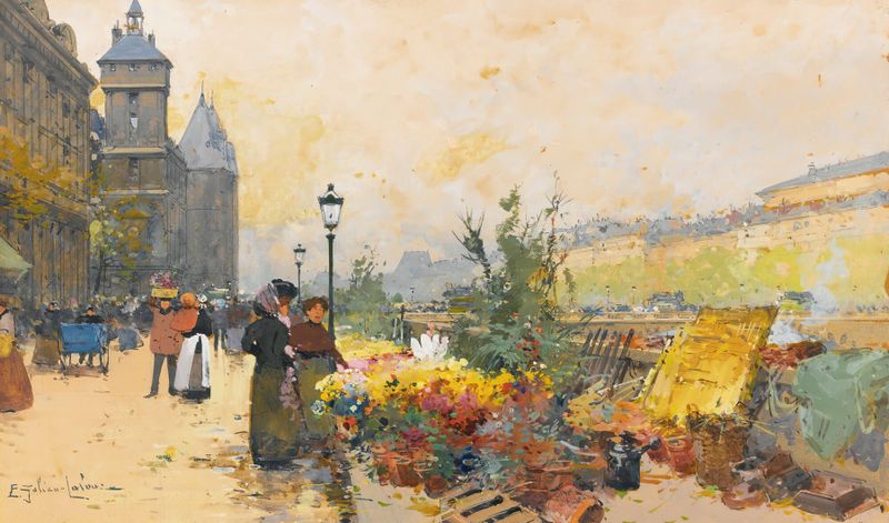 Botanical scene with flowers in a market, oil painting by Eugène Galien-Laloue
