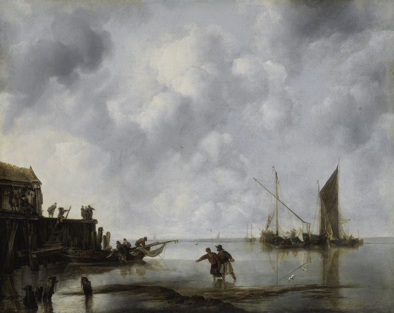 Barcos de pesca em água calma, óleo sobre tela de Jan van de Cappelle