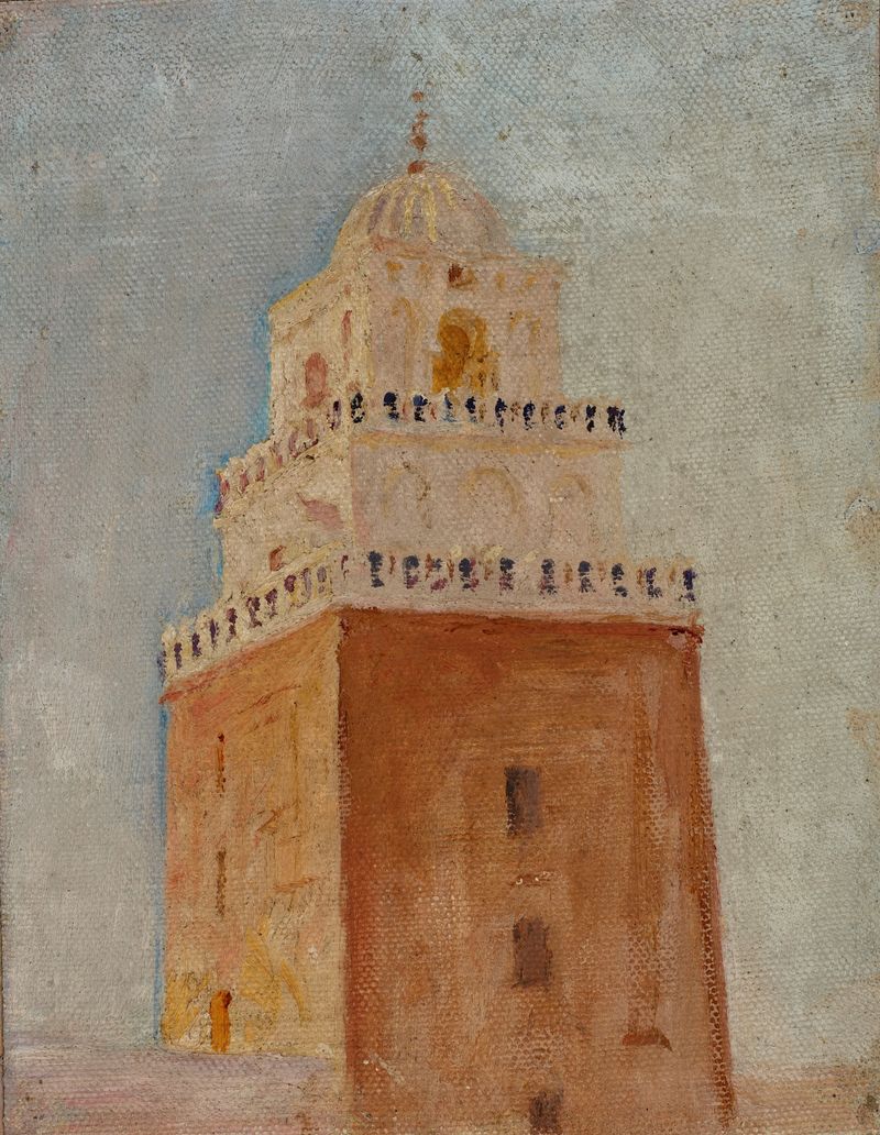 Kairouan (El Minarete de la Mezquita del Barbero) de Jan Ciągliński, óleo que representa un minarete ornamentado.
