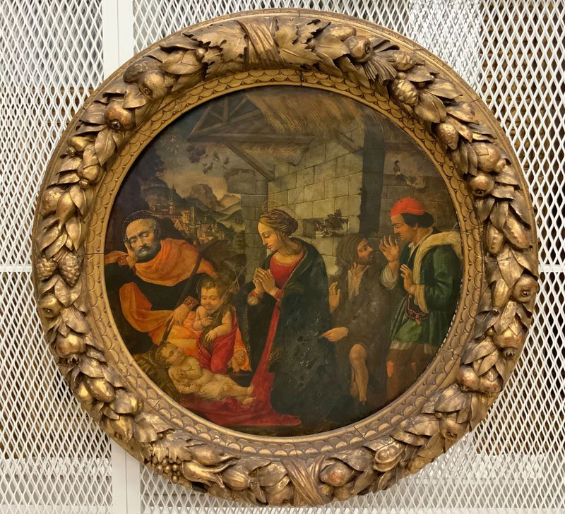 Tempera sobre panel que representa la Adoración de los Pastores con María y el niño recién nacido de un artista no identif...
