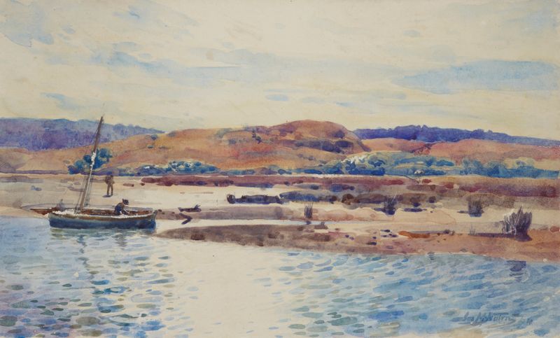 Porirua Harbour de James Nairn, óleo sobre lienzo que representa una costa y agua tranquilas.
