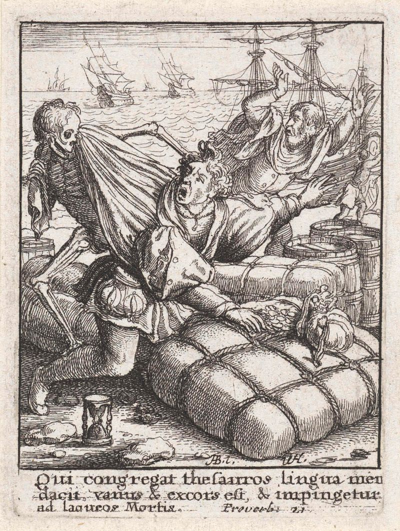 Gravura alegórica de Wenceslaus Hollar representando um comerciante e a morte