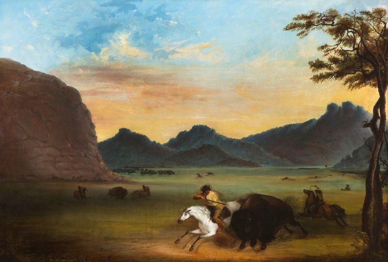 Buffalo Hunt by Alfred Jacob Miller, oil painting depicting hunters in action on the American frontier.
