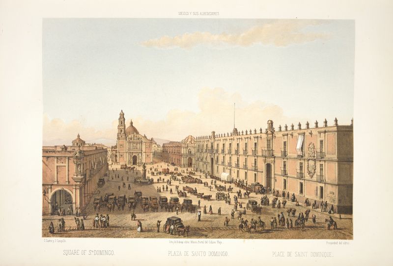 Genre scene depicting figures in a square, oil painting by C. Castro