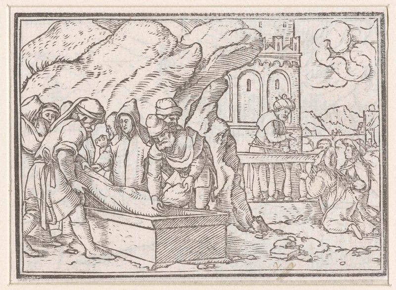 Begrafenis van Jozef de Hans Holbein (II), medio papel, muestra a los dolientes con luz filtrándose por una ventana.