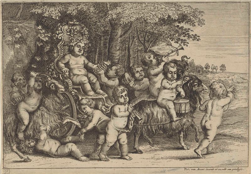 Etching by Wenceslaus Hollar depicting children riding goats in a mythological scene