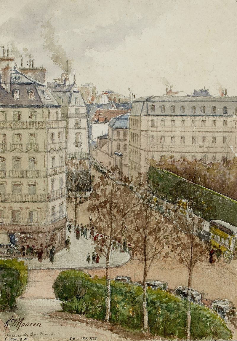 Genre scene depicting figures under a leafy canopy, Henri Laurent Mouren, Impressionism
