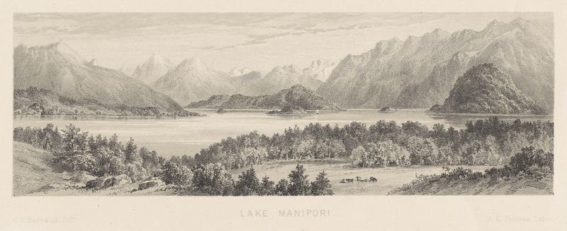 Grabado de Lake Manapouri por Charles Decimus Barraud