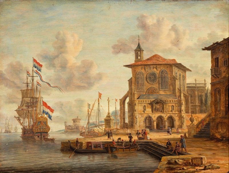 Harbour scene with medieval building, oil on canvas by Abraham Storck