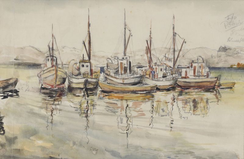 Boote im Hafen de Igo Pötsch, óleo sobre tela representando barcos em um porto com reflexos na água.