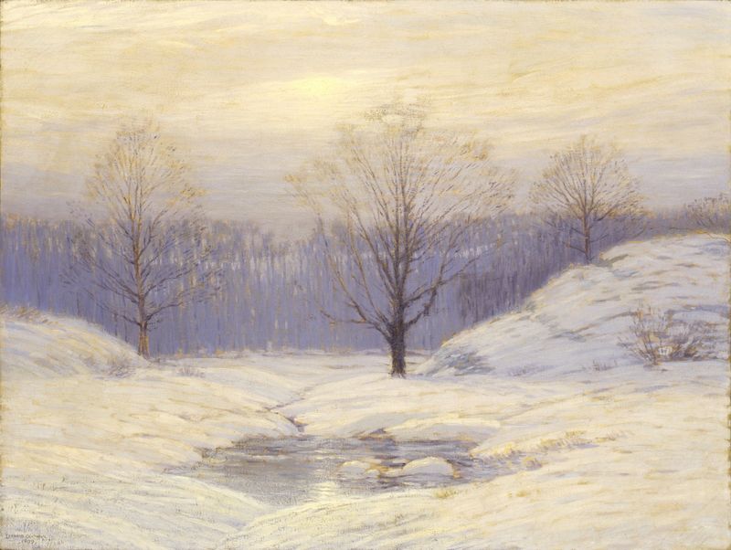 Landscape with morning haze and golden light by Leonard Ochtman, oil painting
