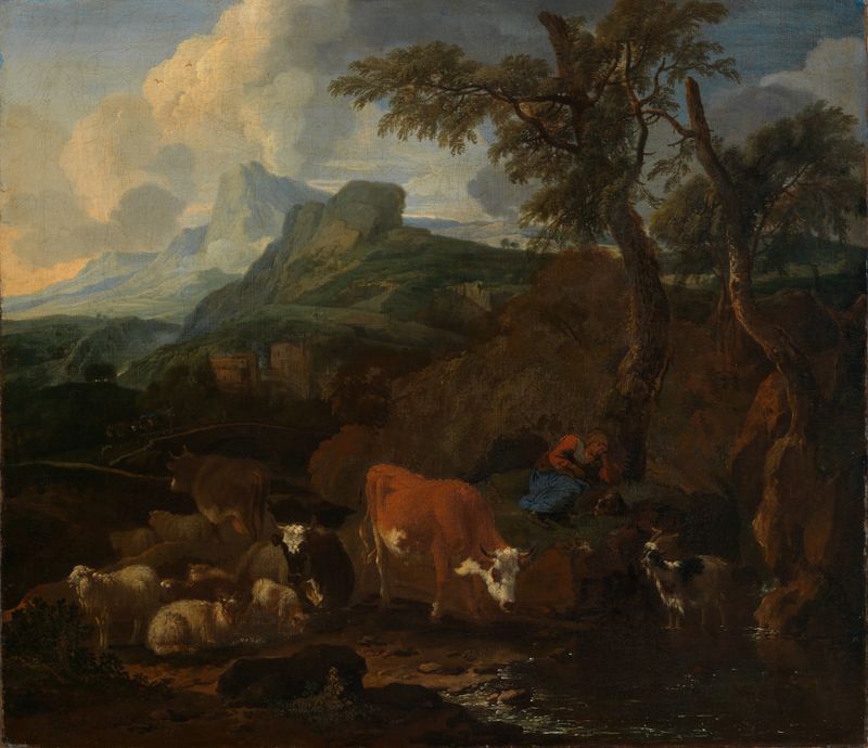 Ruhende Hirtin mit Herde in südlicher Landschaft de Michiel Carree, representando a una pastora en un paisaje.