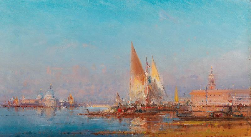 Oil painting by Henri Duvieux depicting Santa Maria della Salute at sunset over water.