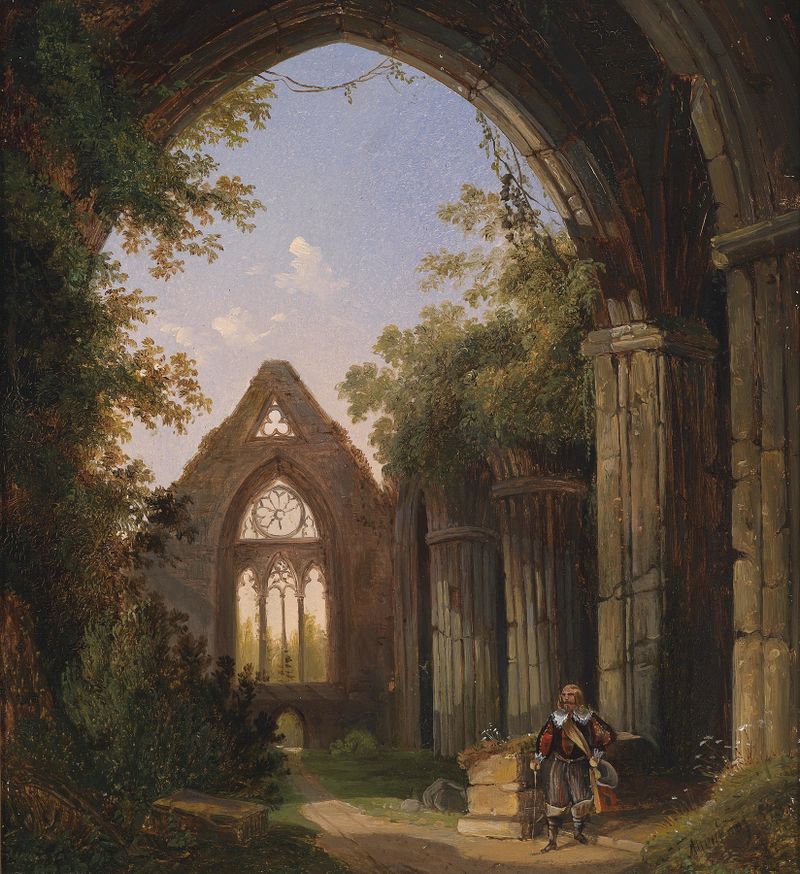 Kirchenruine by Josef Altenkopf, oil painting of a ruined church set in a tranquil landscape.