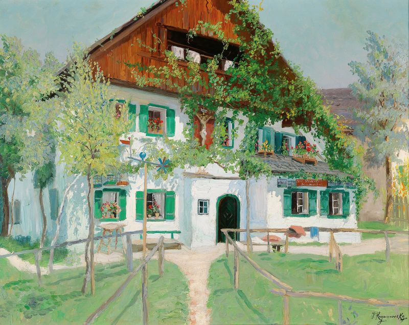 Farmhouse in the Summer Light by Jakob Koganowsky, oil on canvas depicting a rural landscape.