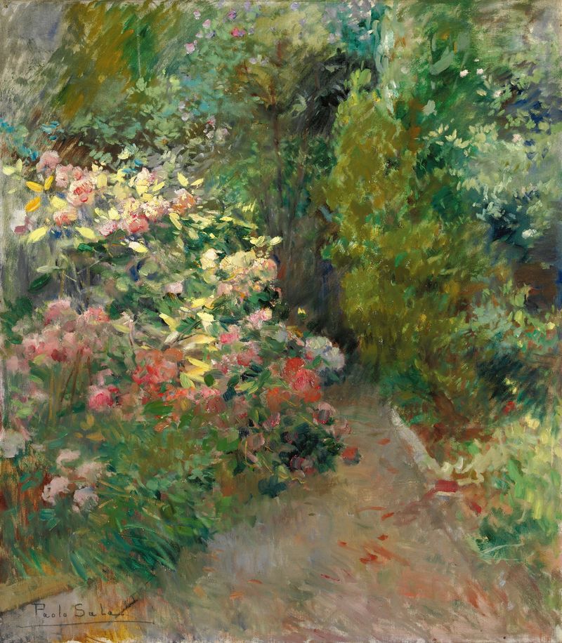 Botanical scene featuring flowers in a garden by Paolo Sala, oil painting