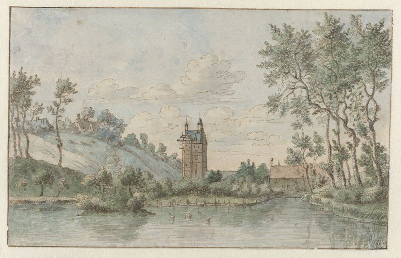 Landscape with Huis Kluys, near Brussels by Josua de Grave, oil on canvas showing lush greenery and a tranquil sky.