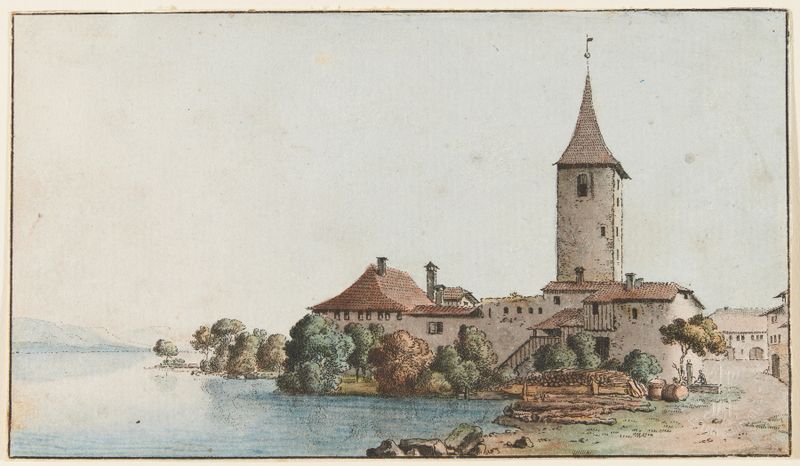 Vue du Château d’Ouchy, acuarela de Johann Ludwig Aberli que representa un paisaje sereno.
