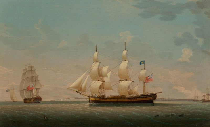 Cena marinha com duas vistas de Dover, óleo sobre tela de Robert Salmon