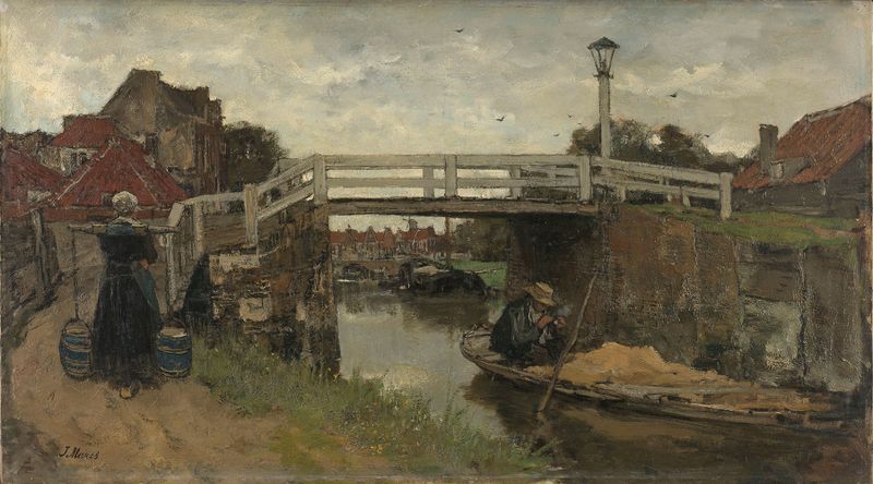 A Ponte de Jacob Maris, óleo sobre tela, retrata um rio com uma elegante ponte e a paisagem ao redor.