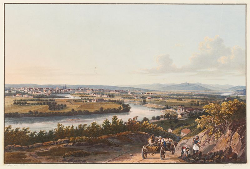 Landscape of Basel with hills and rooftops, oil on canvas by Johann Ludwig Bleuler.