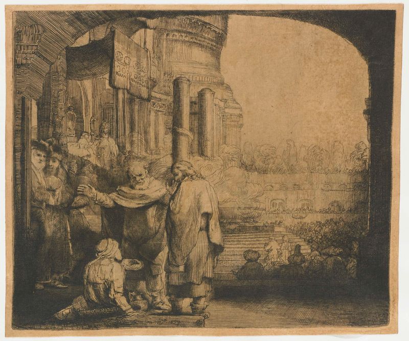 Grabado de Rembrandt van Rijn que muestra a Pedro y Juan sanando a un hombre cojo en la puerta del templo