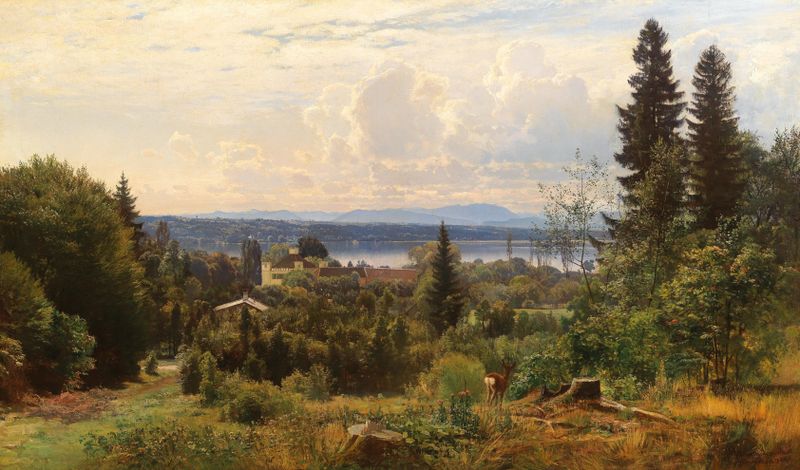 Dia de Verão no Lago Starnberg, óleo sobre tela de Anders Andersen-Lundby, apresentando um lago e um castelo.