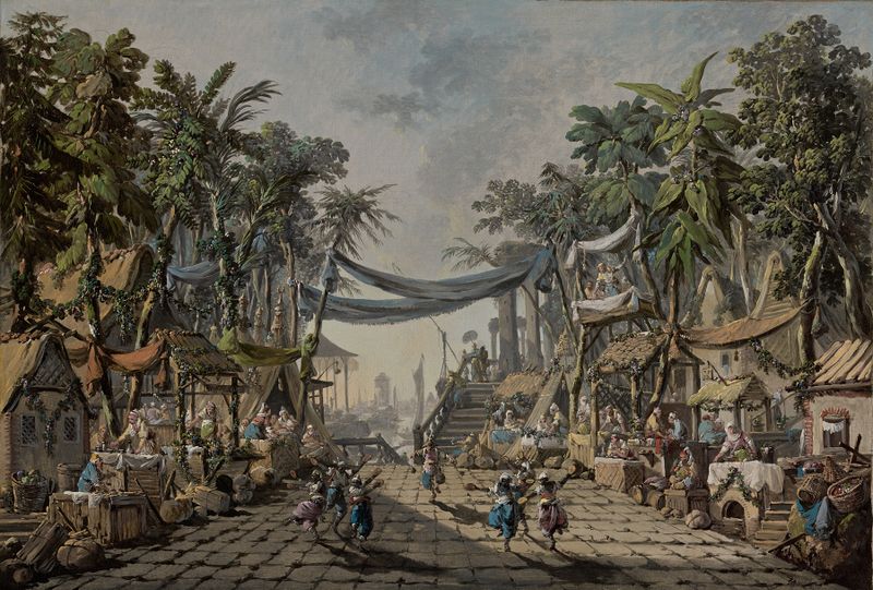 Market scene in an imaginary oriental port, oil painting by Jean-Baptiste Pillement