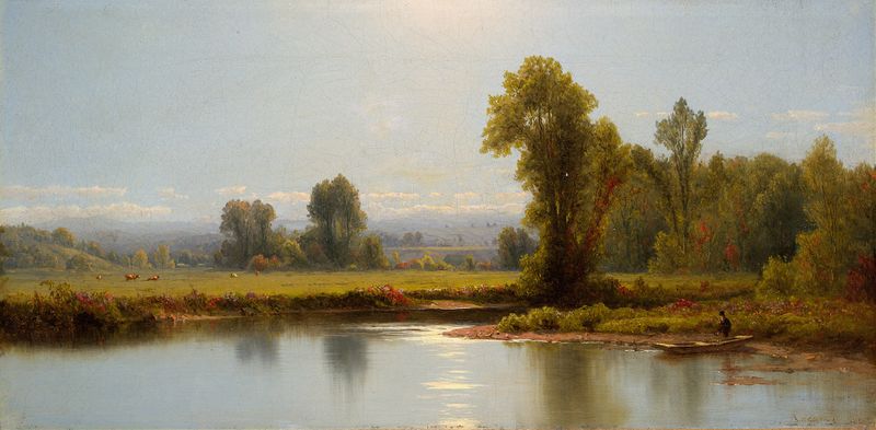 Landscape de Sanford Robinson Gifford, pintura a óleo que mostra um pôr do sol sobre água tranquila