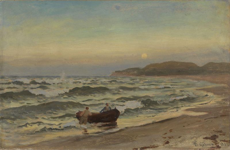 Storm at Rügen de Hans Gude, pintura al óleo que muestra un mar turbulento y nubes oscuras.