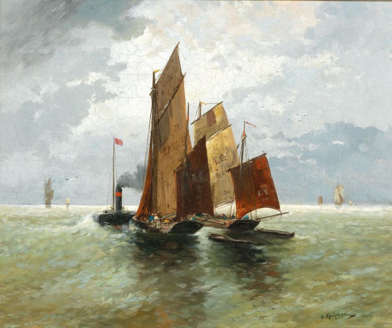 Oil painting by Adolf Kaufmann depicting steamboat and fishing boats on the ocean