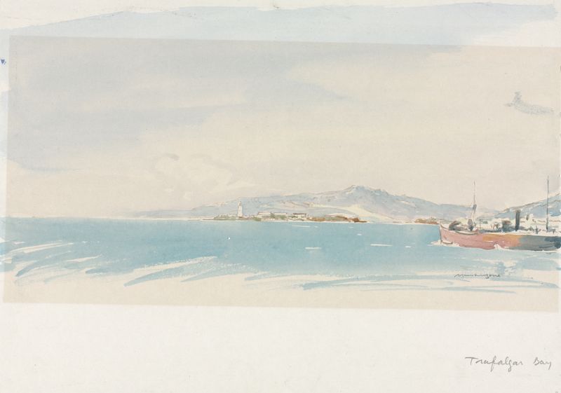 Trafalgar Bay, Spain etching by Muirhead Bone depicting gentle shoreline and water