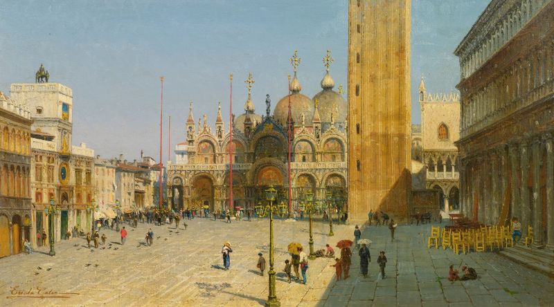 Piazza San Marco de Ercole Calvi, óleo sobre lienzo, con luz y sombras en la arquitectura veneciana.