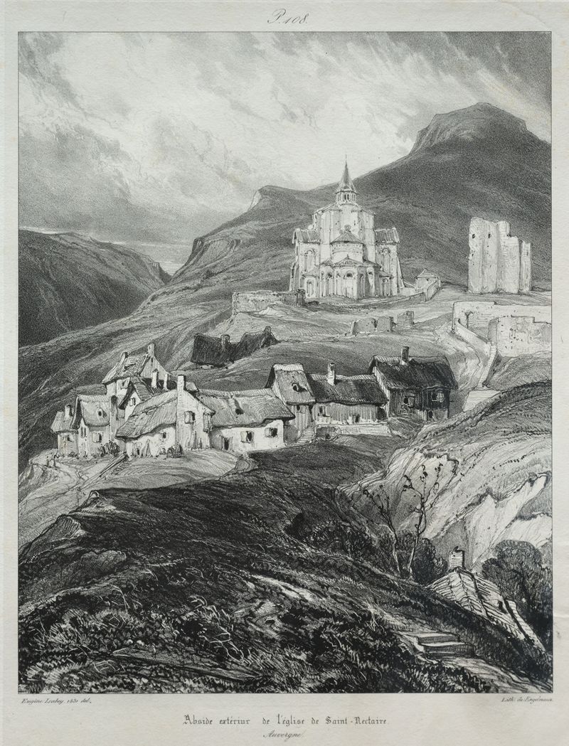 Abside de l’église de Saint Nectaire de Eugène Isabey, óleo de una iglesia rodeada de naturaleza.