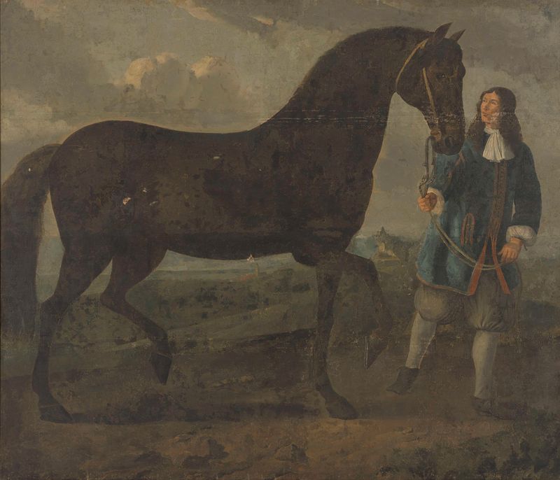 Pintura a óleo de Unknown Artist mostrando um tratador levando um cavalo preto.