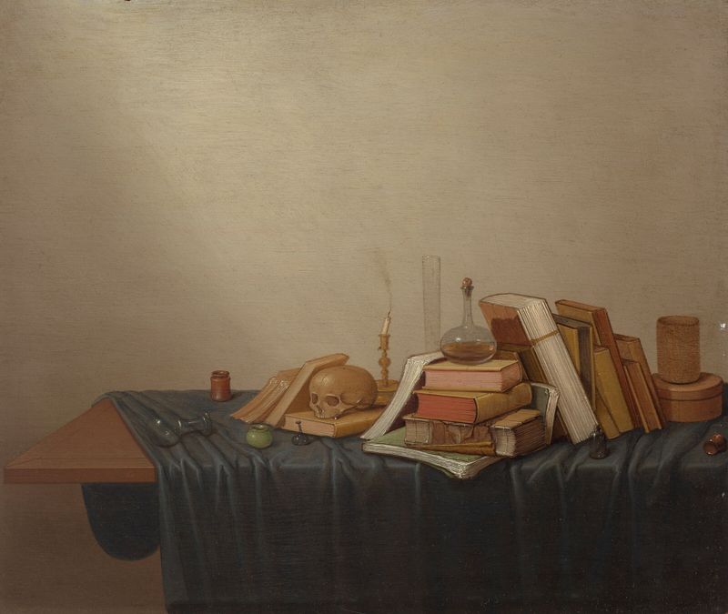 A Vanitas with books, a skull, a candle and various objects, oil on canvas by Gerrit van Vucht