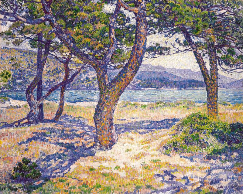 The Mediterranean at Le Lavandou by Theo van Rysselberghe, oil painting depicting waves and horizon.