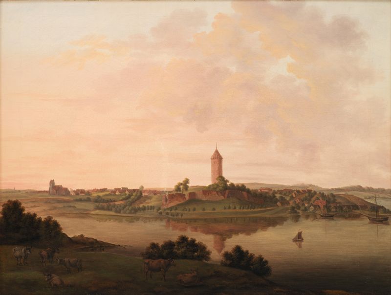 Ethereal landscape with Vordingborg castle, oil painting by Christian Heinrich Grosch
