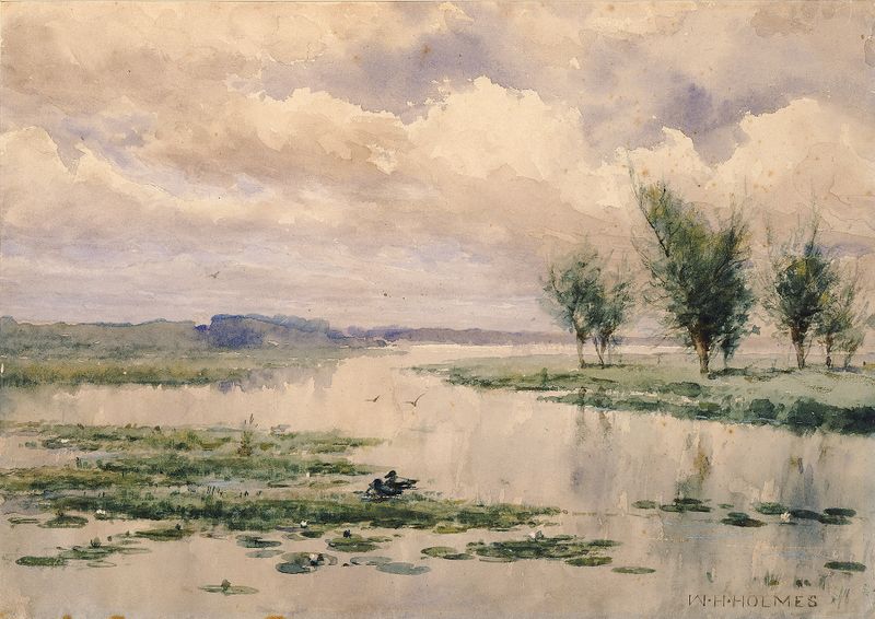 Landscape by William Henry Holmes, oil painting depicting trees and horizon with soft light