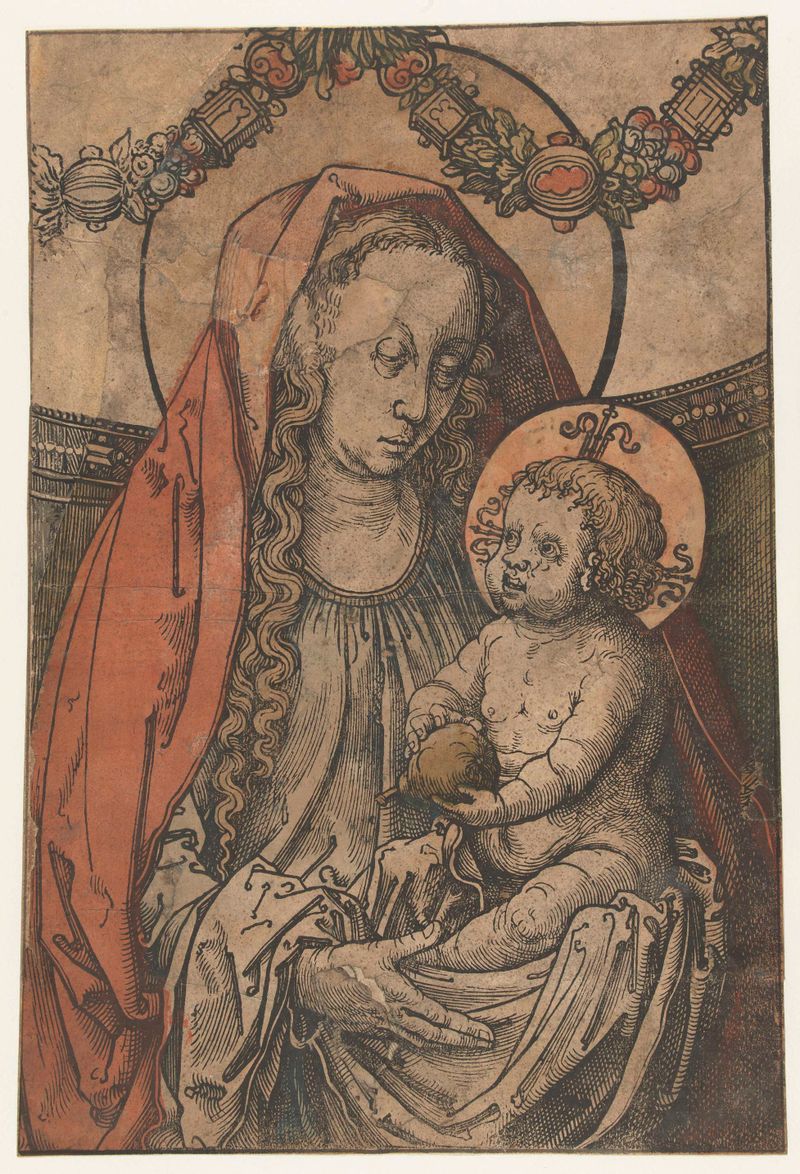 Gravura de Lucas van Leyden retratando Maria com uma criança, enfatizando compaixão e luz suave.